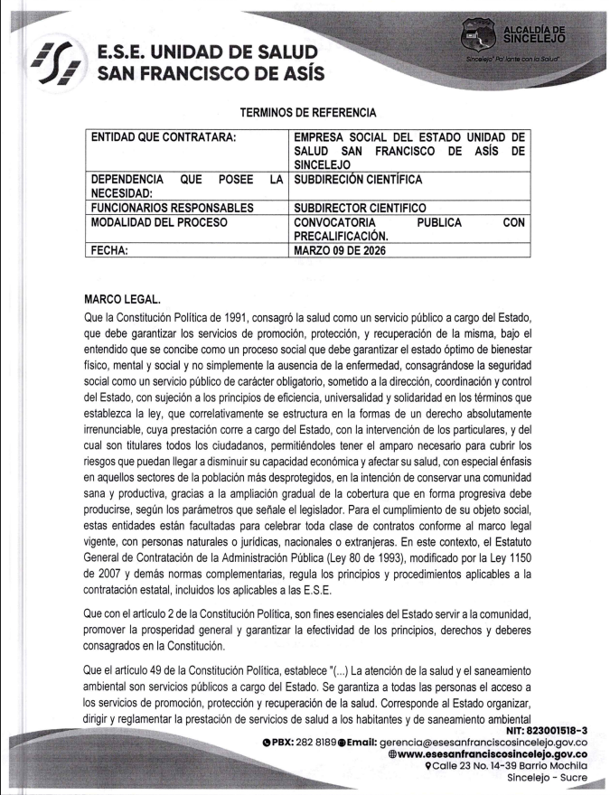 CONVOCATORIA PUBLICA CON PRECALIFICACIÓN 010 DE 2026